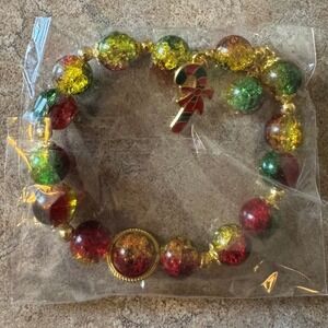 Christmas Holiday Beaded Bracelet‎ Candy Cane Charm Red Green Gold Ornaments